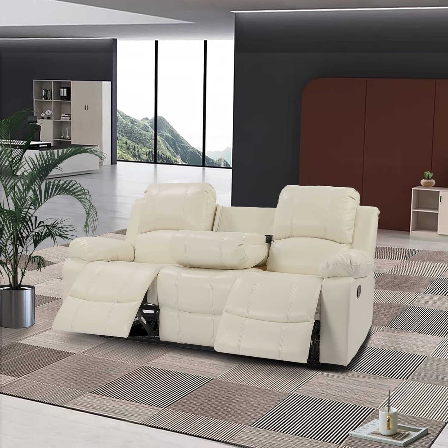 Pannow Double Recliner Loveseat with Console Slate, Double Reclining Sofa with Cup Holder, 3-Seater with Flipped Middle BACKREST Beige Air Leather, Theater Seating Furniture Sofa Bed