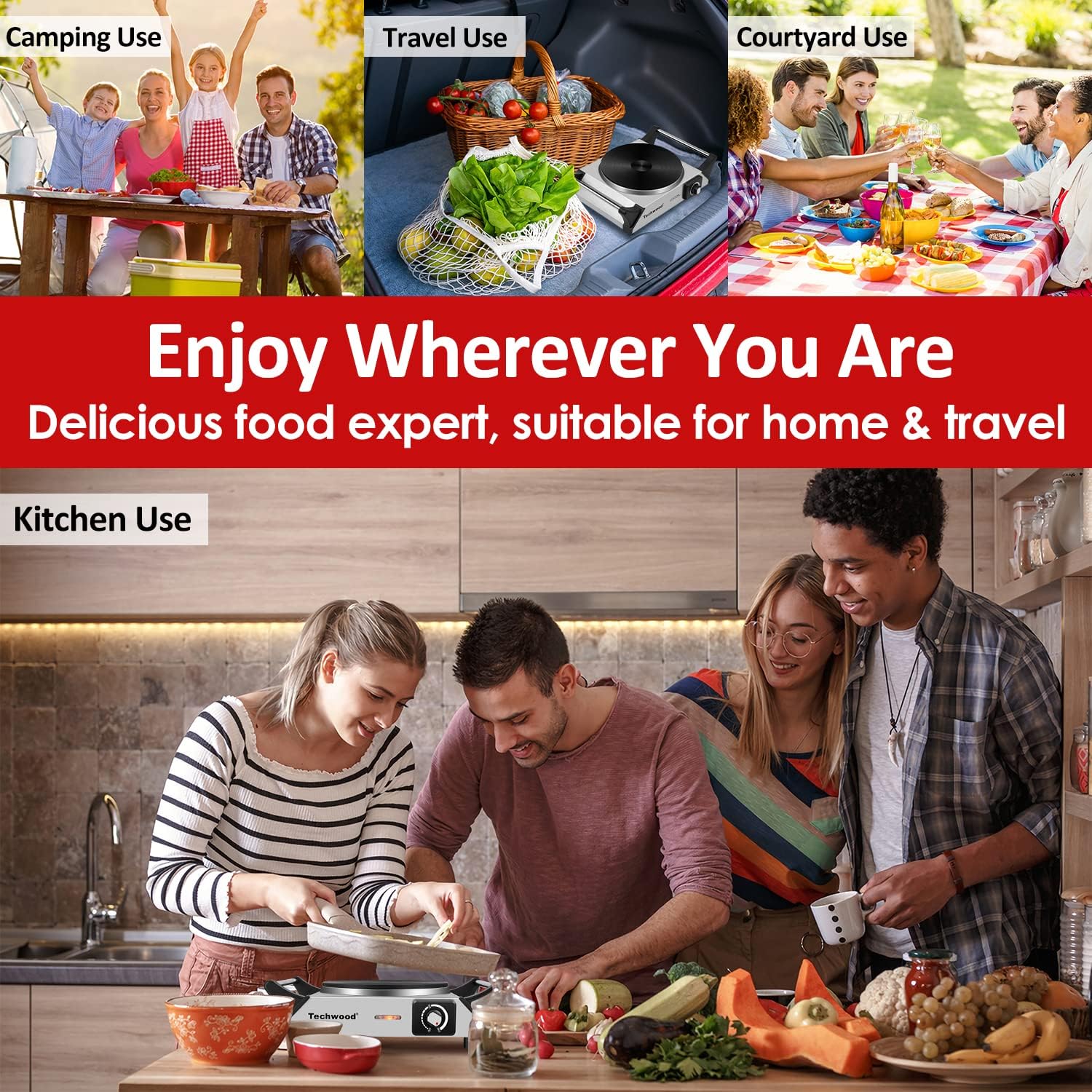 Hot Plate, Techwood Portable Electric Stove for cooking, 1200W Countertop Infrared Single Burner with Handles & 7.5&rdquo; Glass Cooktop for RV/Home/Camp, Compatible for All Cookwares Upgraded Version