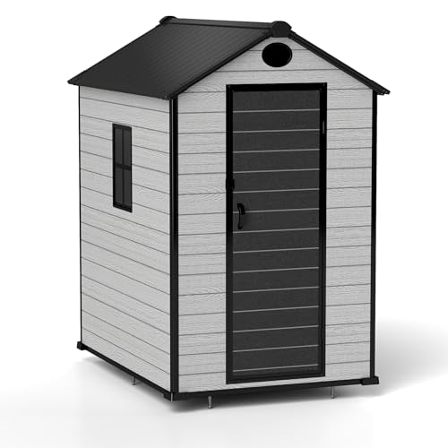 7.3 x 12 FT Shed Resin Outdoor Storage with Floor, 566 cuft Plastic Shed with Window and Lockable Door for Garden, Backyard, with Wood Texture, Grey