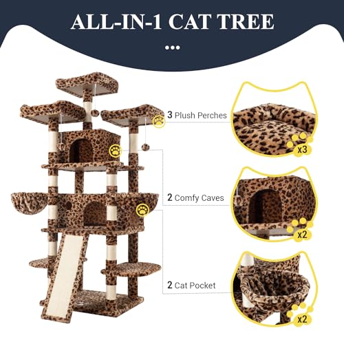 Allewie 68 Inches Cat Tree/House and Towers for Big Feline/Scratching Post/Multi-Level Large Kitty Climbing Tree with Condo/Smokey Grey