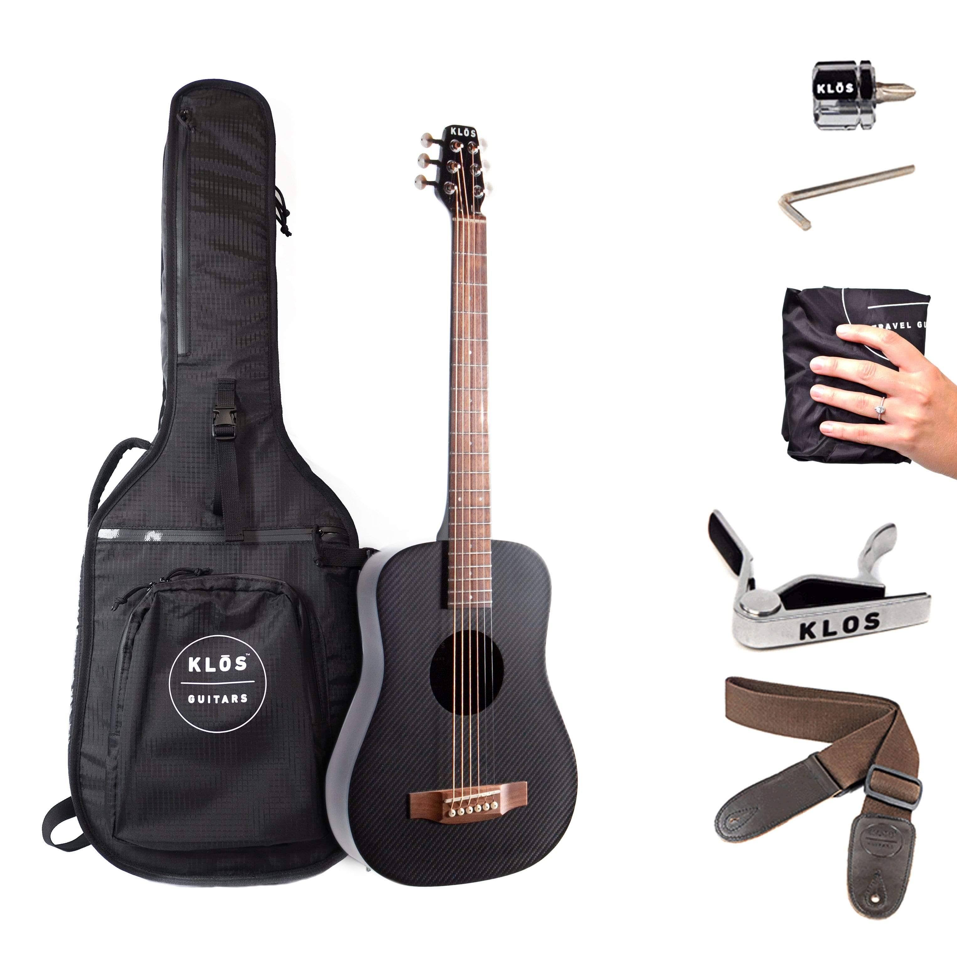 Klos Black Carbon Fiber Travel Acoustic Guitar Kit with Gig Bag, Strap, Capo, and More