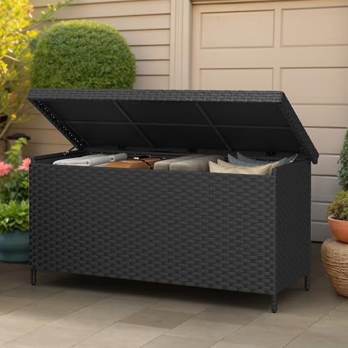 YITAHOME 230 Gal Outdoor Storage Box, XXL All-Weather Wicker Deck Box for Patio Furniture, Cushions, Pool Accessories and Garden Tools - Black