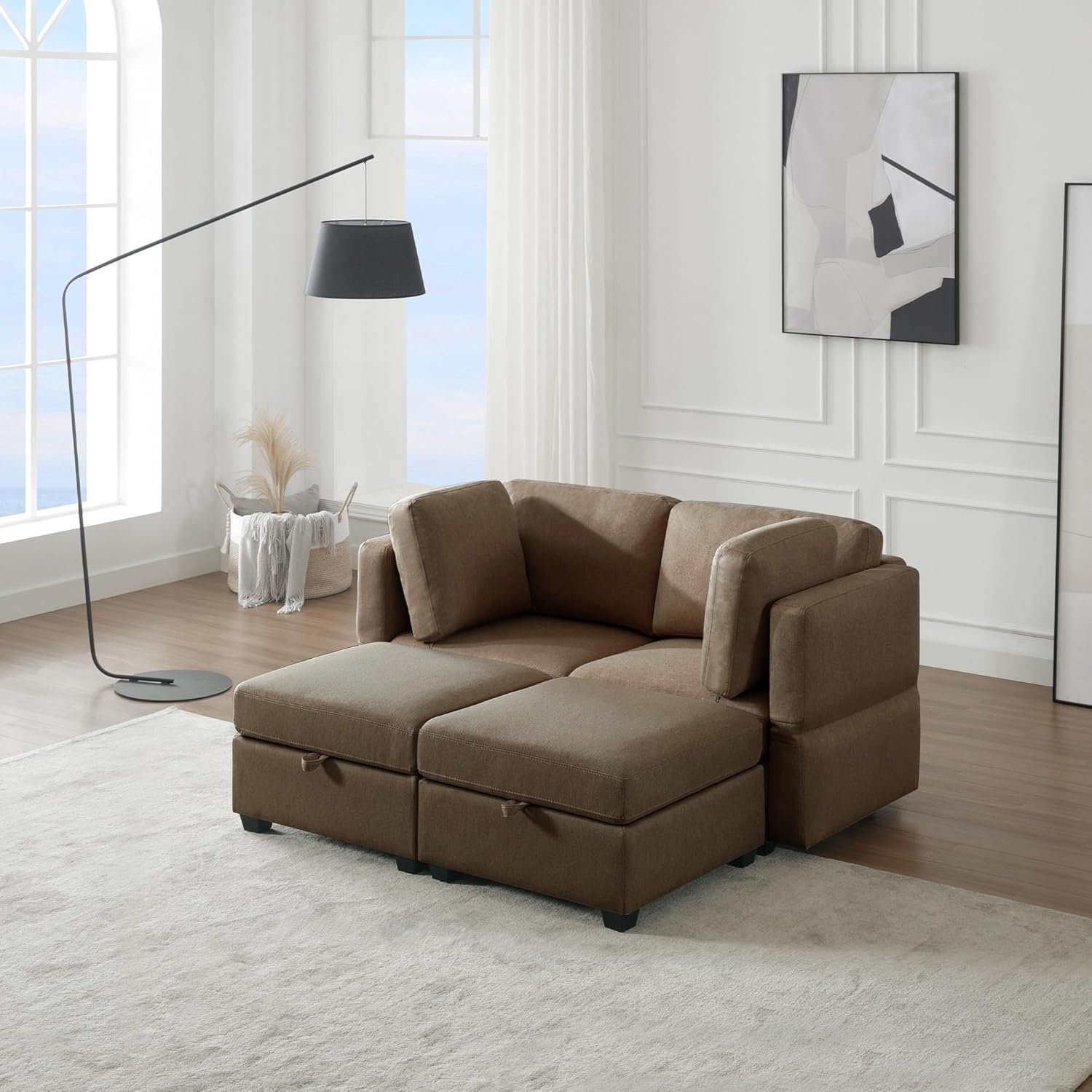 2 Seat Modular Sectional Sleeper Sofa w/ 2 Ottomans and Adjustable Arms, Couch Bed Loveseat with Chaise & Backs for Living Room Apartment Office, Brown