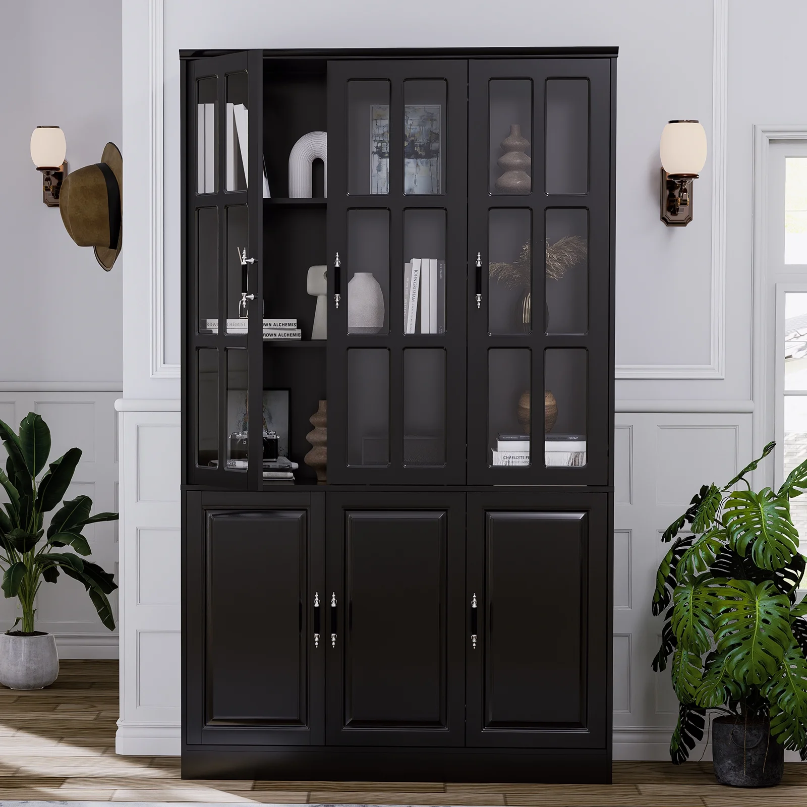 MEISSALIVVE Kitchen Pantry Storage Cabinet, 78.7" Tall Pantry Cabinet with Glass Doors & Shelves, Freestanding Kitchen Hutch Utility Pantry, Food Pantry Cabinet Cupboard, Black (47.2" W x 15.7" D) - Curated Treasures Market