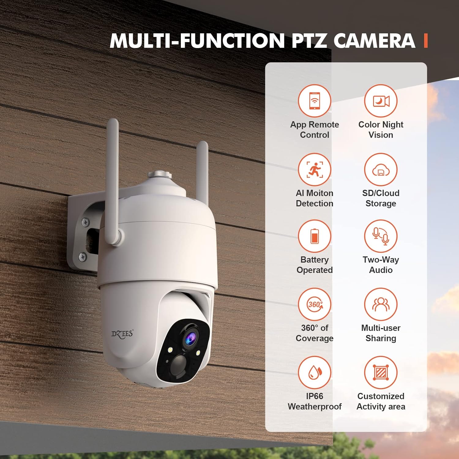 Wireless Security Camera Outdoor WiFi, Dzees Siren Alarm Spotlight Outdoor Camera Wireless Battery Powered, 360&deg; PTZ Camera, AI Motion Detection, 2-Way Talk, Color Night Vision, IP66 Camera Cloud/SD