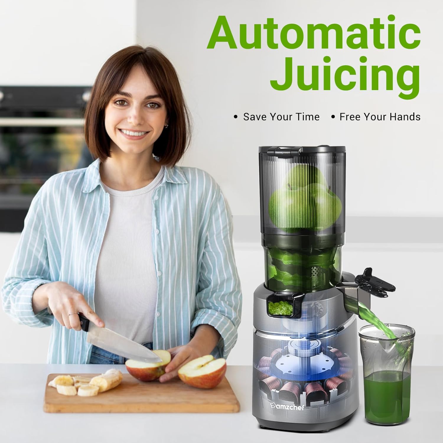 Juicer Machines, AMZCHEF 5.3-Inch Self-Feeding Masticating Juicer Fit Whole Fruits & Vegetables, Cold Press Electric Juicer Machines with High Juice Yield, Easy Cleaning, BPA Free, 250W