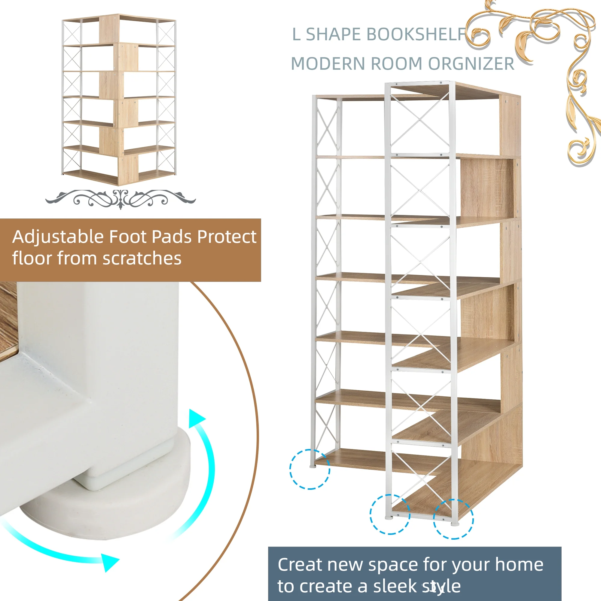 L-Shaped Corner Bookshelf 7-Tier Bookcase with Metal Frame and Industrial Style Design - Spacious Home Office Shelf for Books, Decor, MDF Boards - Sturdy and Stylish Storage Solution (Oak)