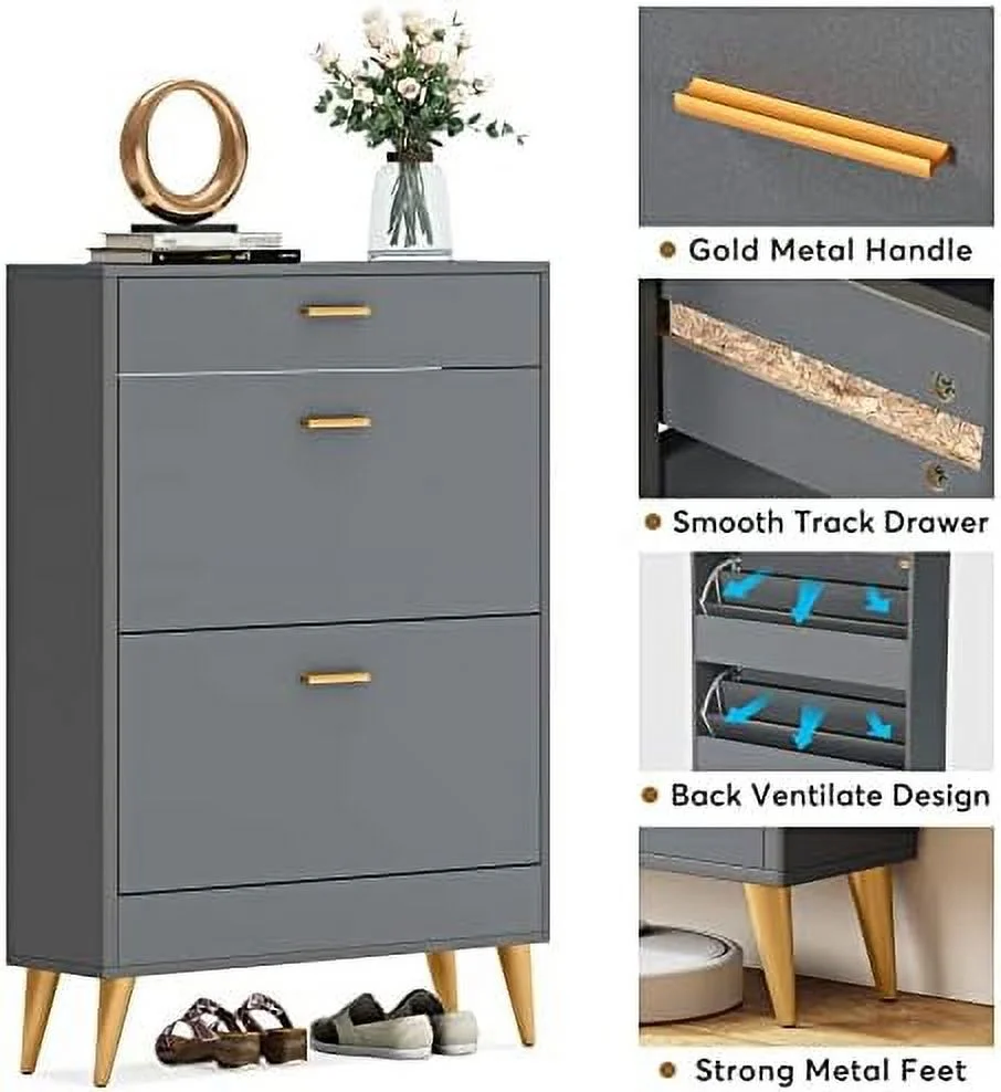 Shoe Cabinet  White Shoe  Cabinet with 2 Flip Doors and Drawer   Narrow Shoe Organizer Rack for Entryway  Closet (White)