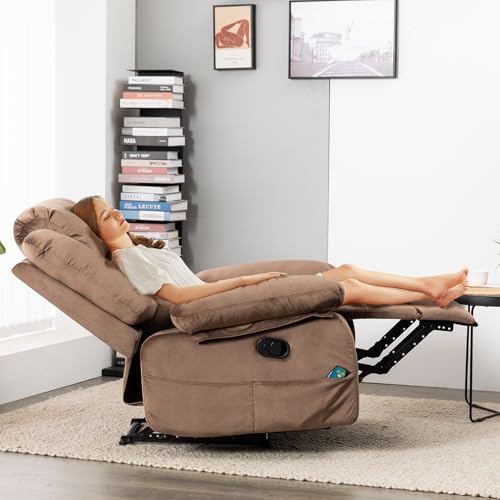 Rocker Recliner Chairs for Adults with Massage & Heat,360°Swivel Glider Nursery Manual Overstuffed Reclining Chair for Living Room,Upholstered Fabric 120°Rocking Chair Bedroom RV Brown