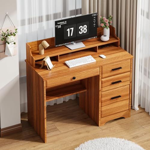 4 EVER WINNER Computer Desk with Storage Drawers and Hutch, 44 Inch Farmhouse Writing Study Desk with Monitor Stand for Small Space, Home Office Desks Wooden Desk for Bedroom, Home Office, White