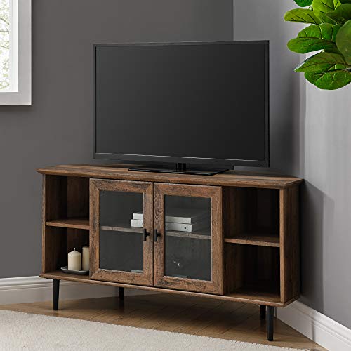 Walker Edison Modern Wood Corner Universal TV Stand with Open Shelves Glass Cabinet Doors Storage for TV's up to 55" Flat Screen Living Room Storage Entertainment Center, 48 Inch, Rustic Oak