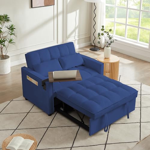 3 in 1 Sleeper Sofa Bed,47" Velvet Futon Tufted Pull Out Couch Bed,2 Seater Loveseat Chaise Lounge with Reclining Adjustable Backrest&Table for Living Room,Apartment,Office,Small Space(Beige)