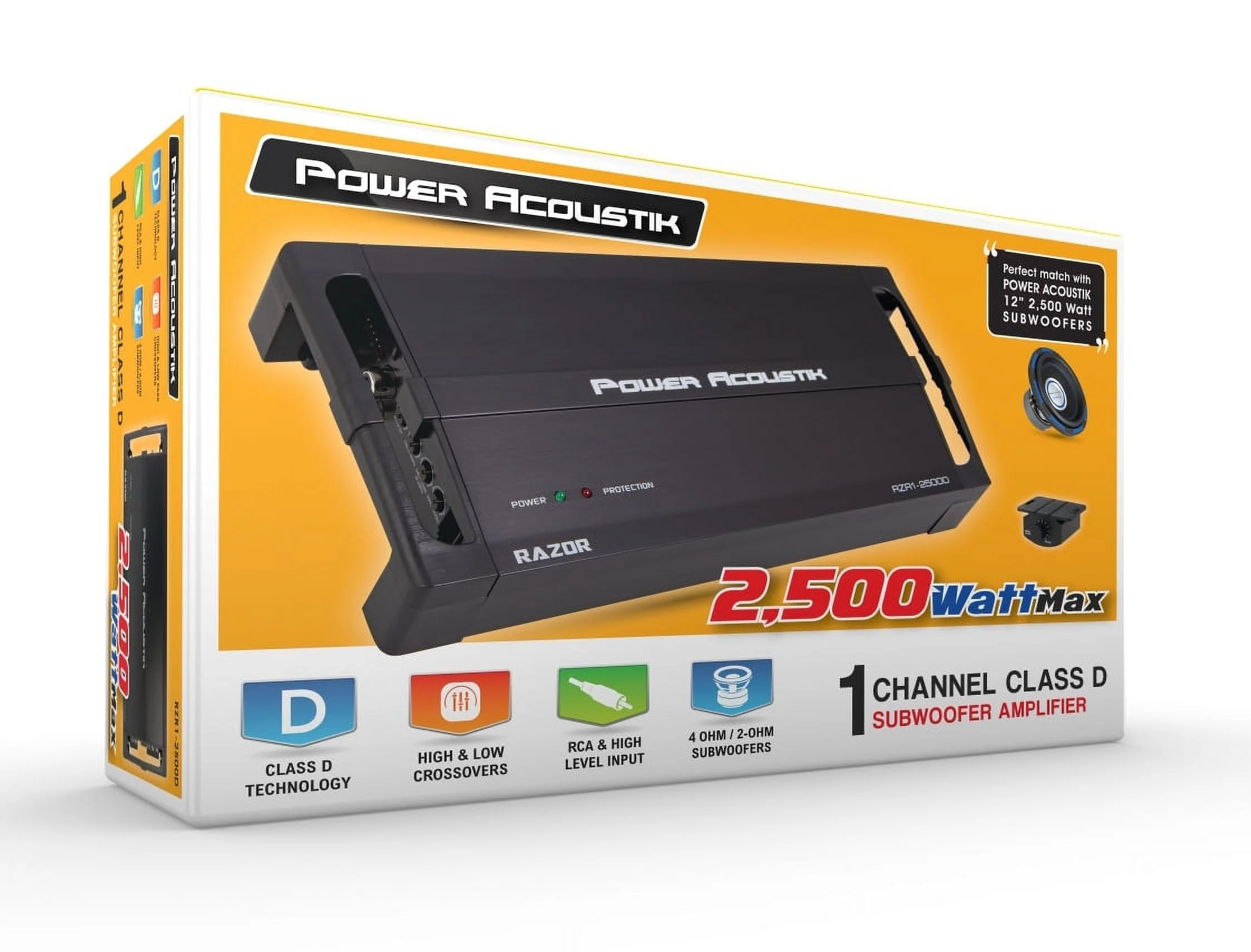 Power Acoustik RZR1-2500D Amplifier, Razor Series Subwoofer 1-Channel Amplifier, 2 Ohm Stable 2,500 Watt Max