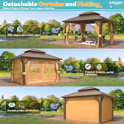 EROMMY 14'x20' Hardtop Gazebo Double Roof Galvanized Steel Canopy Outdoor Aluminum Frame Permanent Metal Pavilion with Netting and Curtains for Patio Backyard Deck and Lawns
