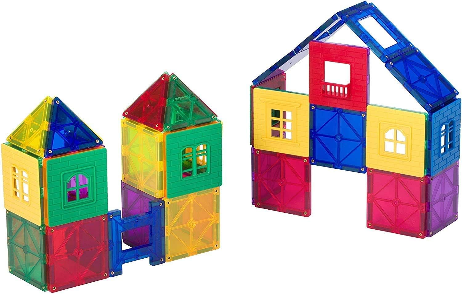 Award Winning Playmags Clear Colors Magnetic Tiles Building Set 50 + 6 Pc Set with Car - STEM Magnetic Toys Develop Motor Skills & Creativity, Colorful, Durable Magnet Building (56 Pc Set)