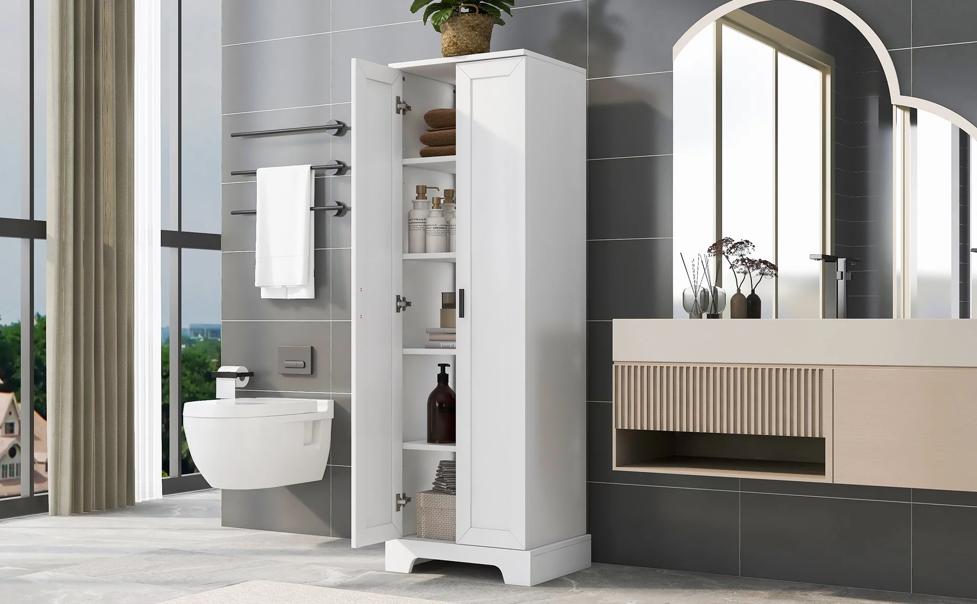 Bellemave Wooden Storage Cabinet with Adjustable Shelves Freestanding Tall Storage Cabinet for Bathroom, Kitchen, Living Room Water Proof Floor Cabinet for Home Office, White