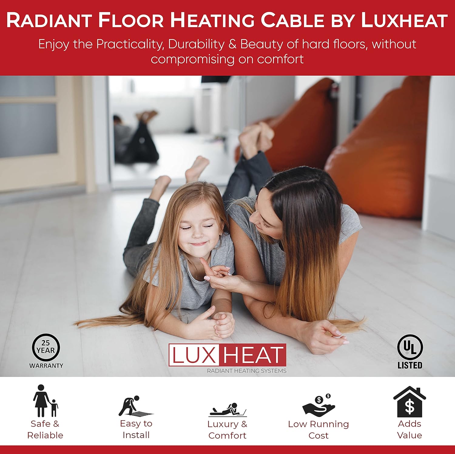 LuxHeat Floor Heating Cable Set, 15 Sqft - 120v Electric Radiant Floor Heating System Under Tile. Set Includes, Floor Heating Cable, Strapping, UDG OJ Microline Programmable Thermostat with GFCI
