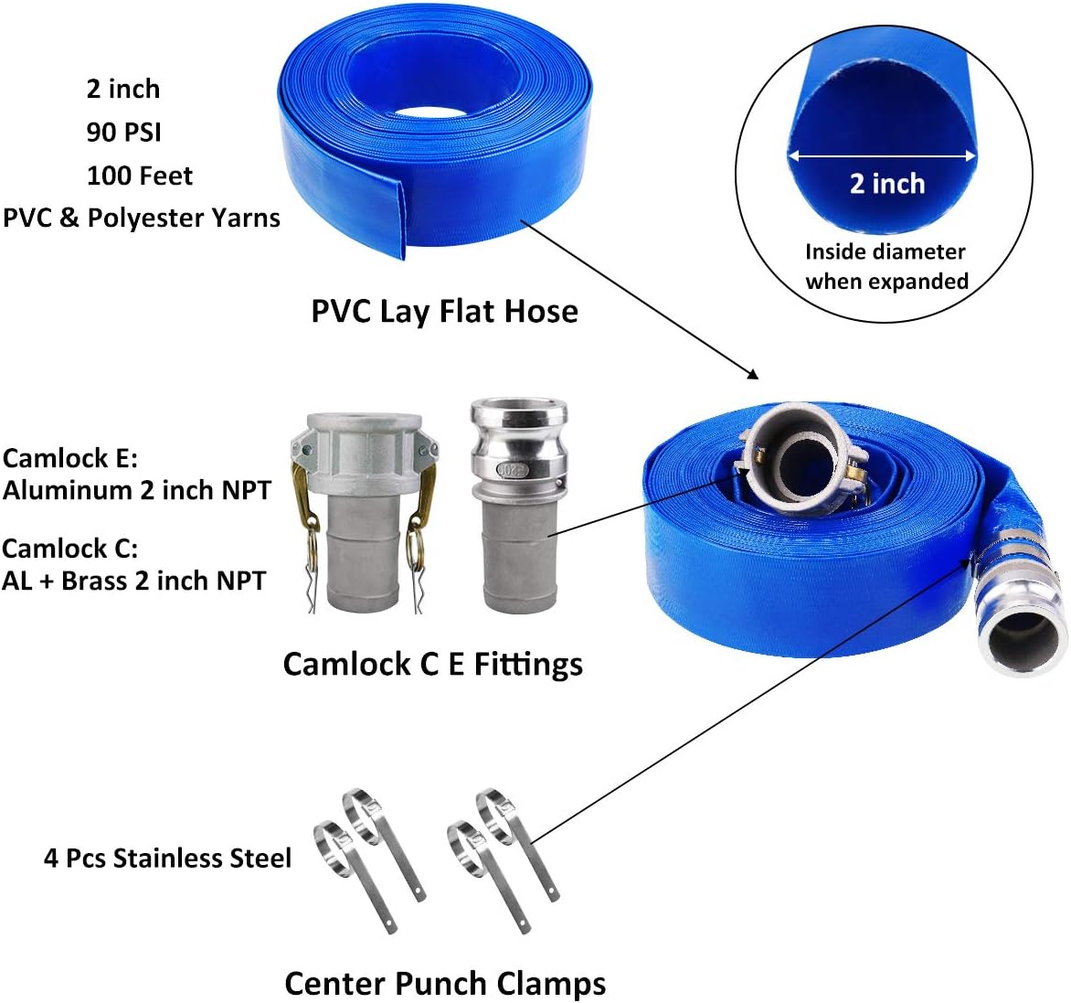 2" x 50' Blue PVC Lay-Flat Discharge Hose with Aluminum Camlock C and E Fittings