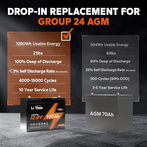 LiTime 12V 100Ah LiFePO4 Battery BCI Group 31 Lithium Battery Built-in 100A BMS, Up to 15000 Deep Cycles, Perfect for RV, Marine, Home Energy Storage