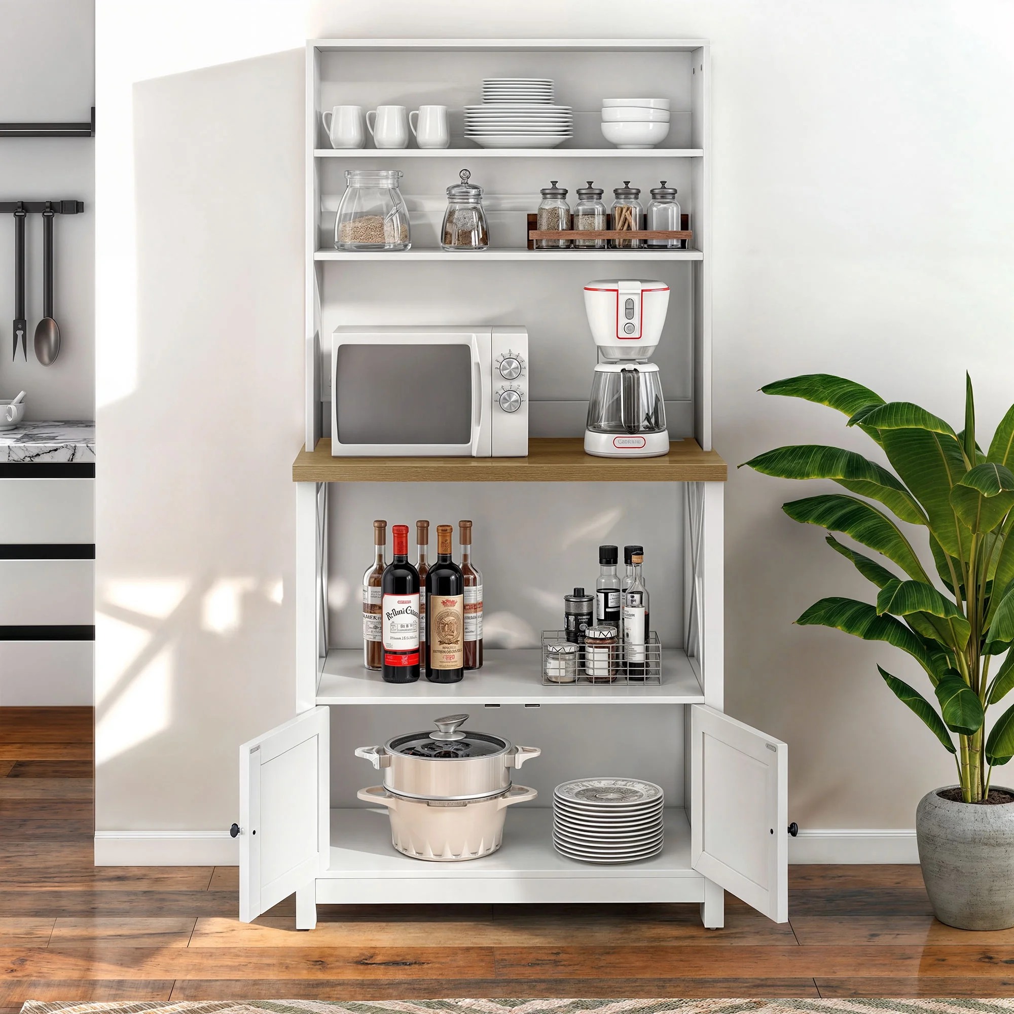 ModFusion 5-Tier Bakers Unit with Cabinet, Coffee and Microwave Stand, Power Outlet, Engineered Wood, White - Curated Treasures Market