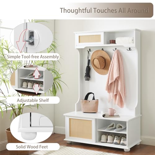 64" 3-in-1 Hall Tree Entryway Four Hooks Rattan Door Shelves Shoe Storage Bench Cabinets with Solid Feet for Hallway Living Room