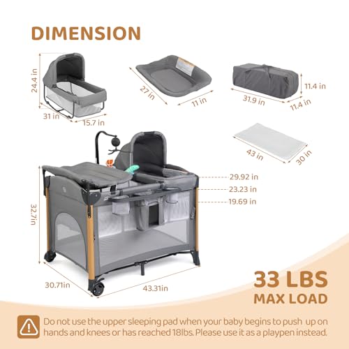 JOYMOR 7 in 1 Bedside Bassinet with Changing Table, All in One Nursery Center, Bedside Sleeper with Mattress, Sheet, Canopy, Storage Shelf and Hanging Toy,Gray