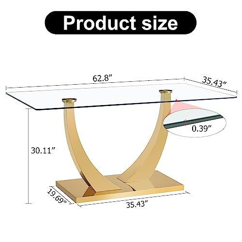 63" Glass Dining Table for 6-8, Large Rectangular Dining Room Table, Luxury Kitchen Dining Table with Tempered Glass Top and Special-Shaped Pedestal Base, Glass Table for Kitchen Dining Meeting Room