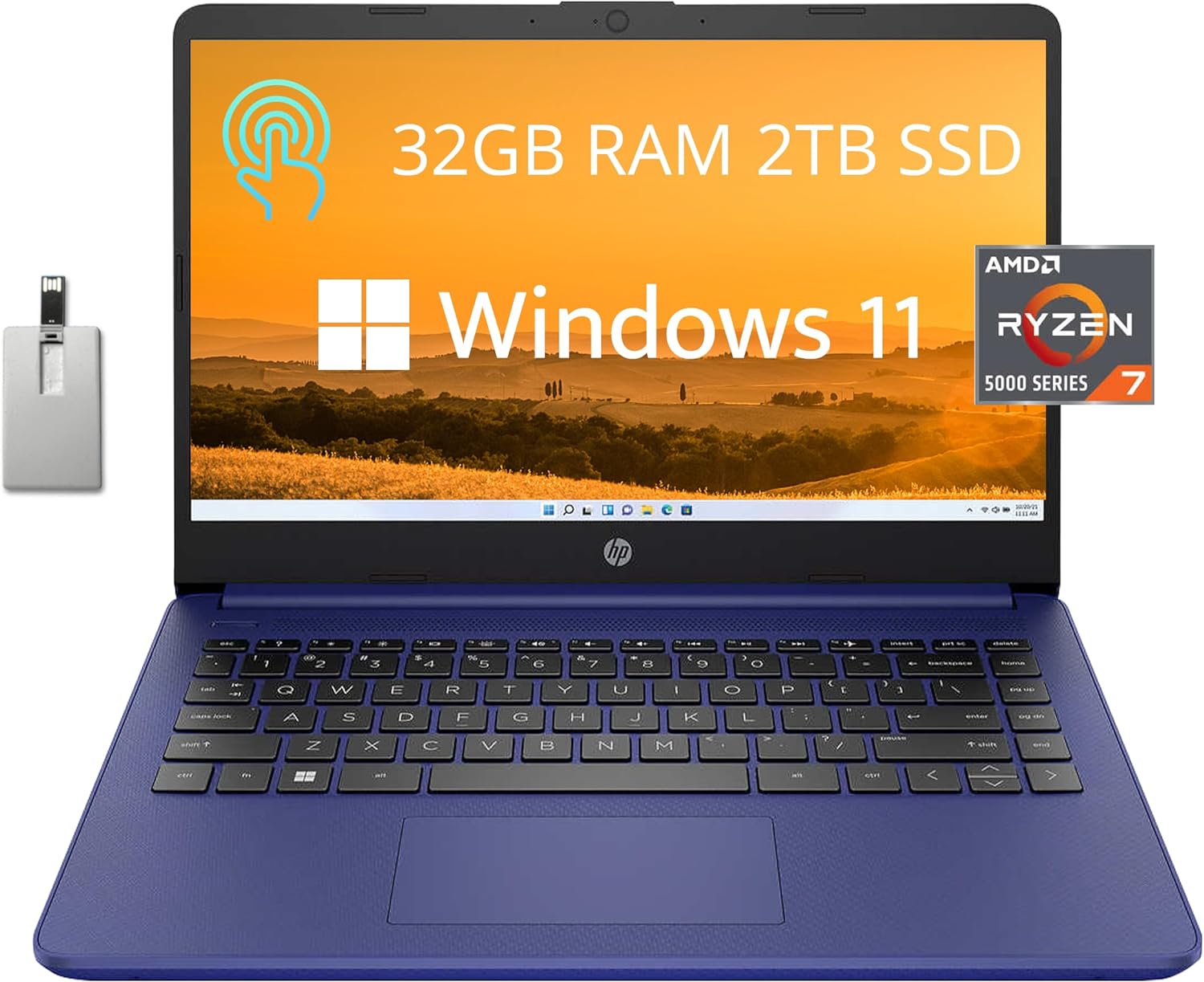 HP Touchscreen Laptop, 14" HD Business Laptop, AMD Ryzen 7-5700U, 32GB RAM, 2TB PCIe SSD, AMD Radeon Graphics, HD Webcam, WI-FI 6, Bluetooth, HDMI, Blue, Windows 11, 32GB USB Card
