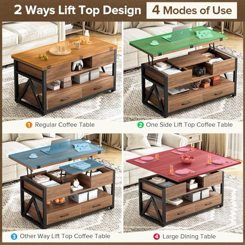 40" Lift Top Coffee Table,4 in 1 Multi-Function Lift Coffee Tables with Storage Drawers and Hidden Compartmen,Farmhouse Coffee Table with Lifting top for Living Room,Black