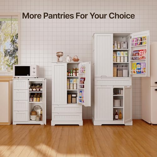 Gizoon 71" Tall Kitchen Pantry Storage Cabinet with Doors and Shelves Large Freestanding Pantry Storage Cabinet with Drawer Wooden Sideboard Buffet Cabinet for Bathroom Craft Room, White