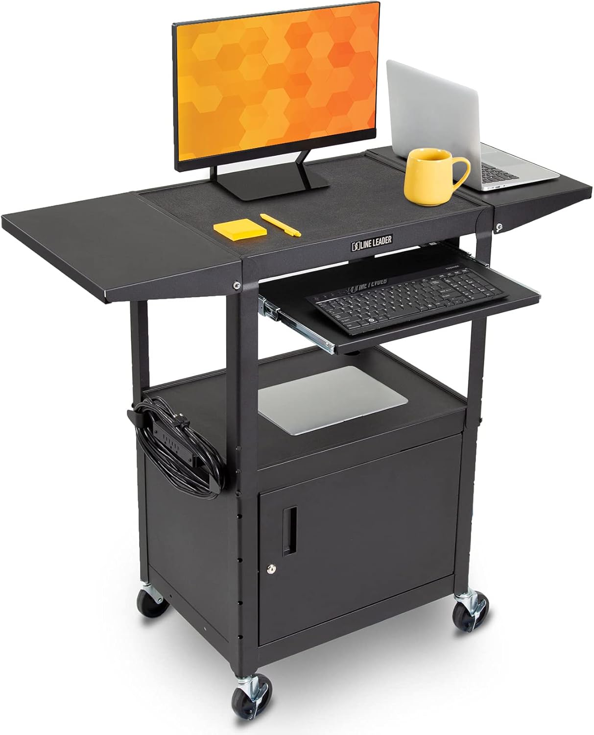 Line Leader Large AV Cart with Locking Cabinet & Drop Leaves | Height Adjustable Utility Cart | Includes Pullout Keyboard Tray & Cord Management | Easy Assembly (54in x 18in x 42in / Black)