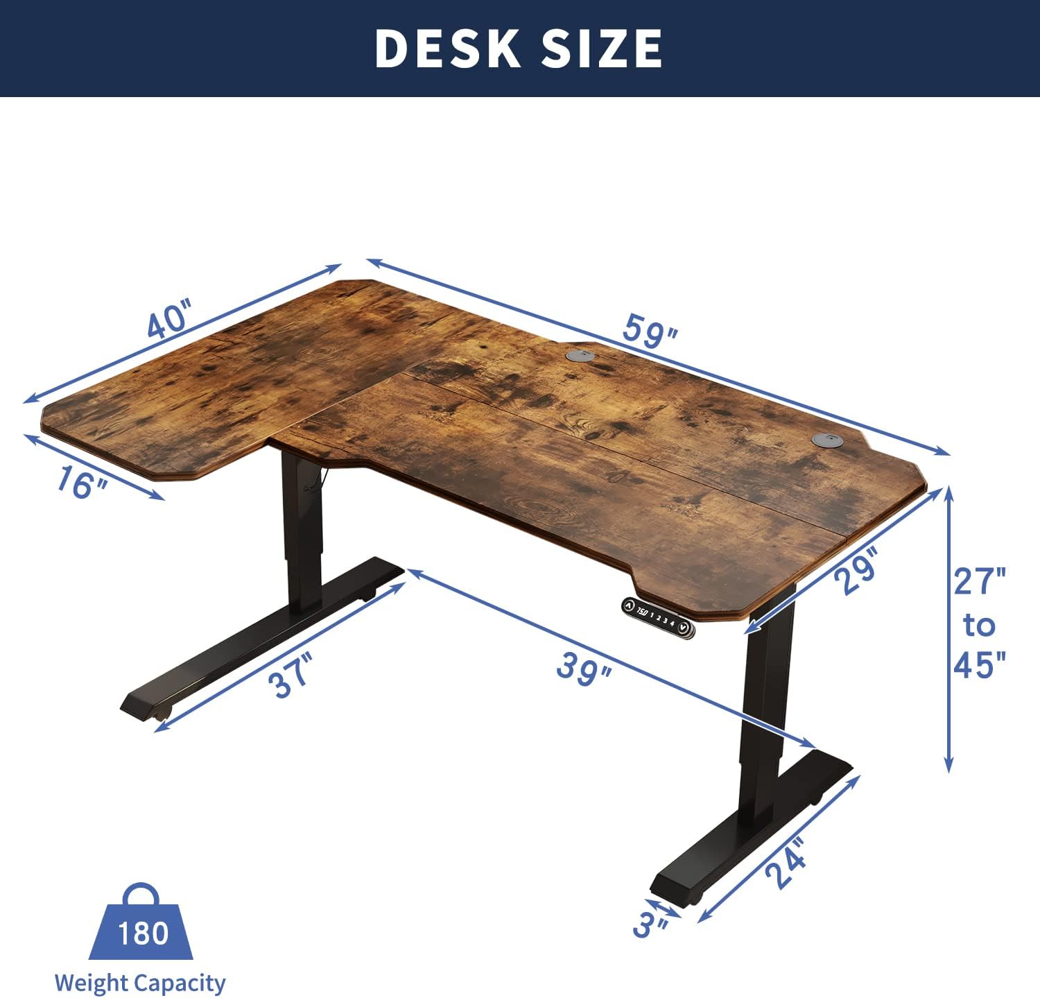 59'' L Shaped Electric Height Adjustable Standing Desk, Sit to Stand Home Office Computer Desk with Black Frame & Rustic Brown Top