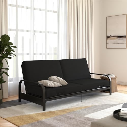 REALROOMS Millie Convertible Metal Frame Futon Sofa with Coil Mattress with Multiple Positions for Seating and Sleeping, Black