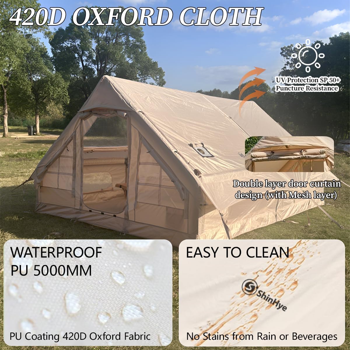 ShinHye Inflatable Tent Air Tent Camping Tent 4 People with Pump Large Outdoor Oxford Tent Cabin Tent with Double Layer MeshF