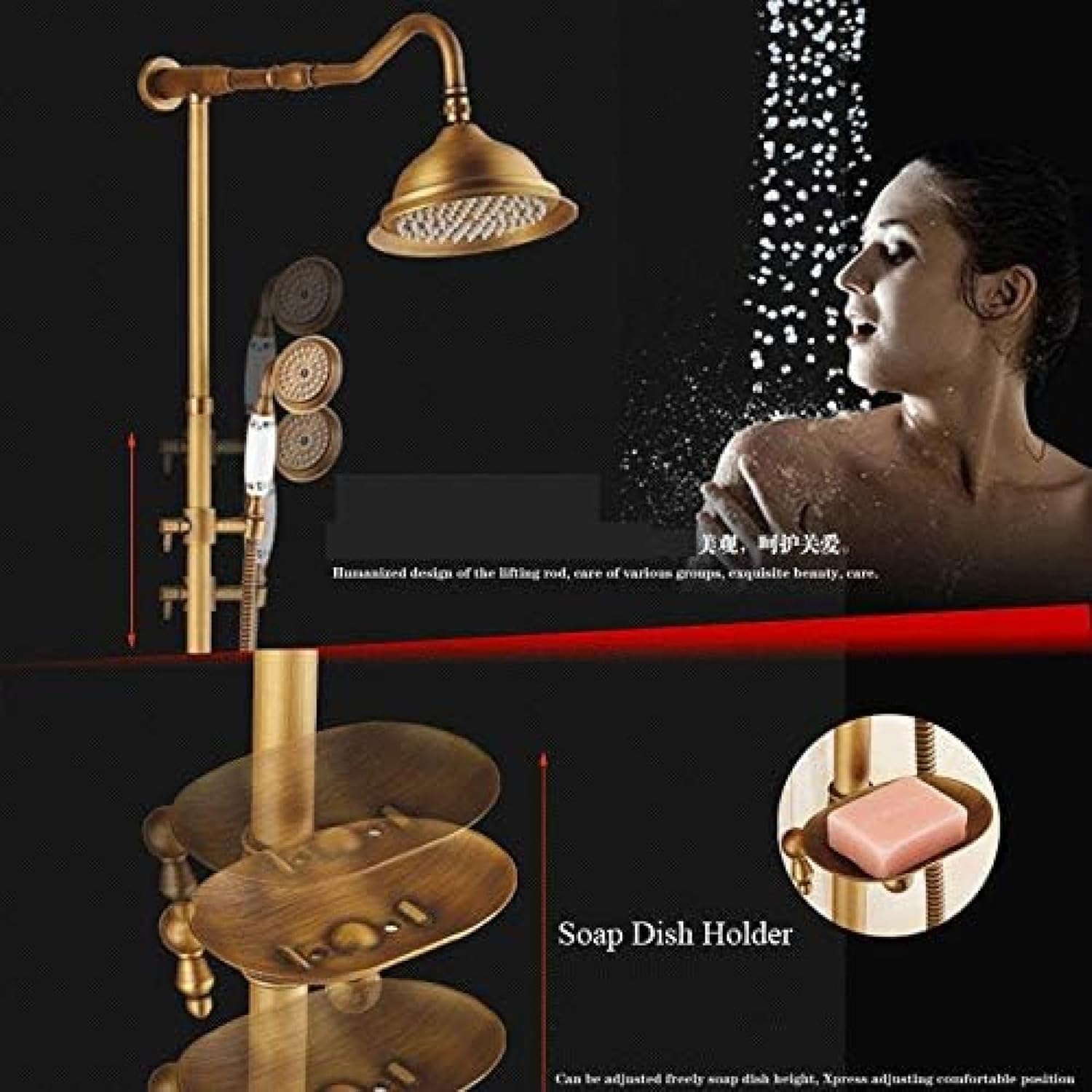 Shower System, Wall Mount Outdoor 8" Rain Shower Faucet Set Antique Brass Dual Handles Swivel Tub Spout Bath Shower Mixers + Soap Dish