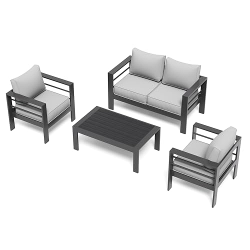 UDPATIO 8 Piece Aluminum Patio Furniture Set, Oversized Modern Outdoor Furniture Set with Olefin Fabric Cushion for Patio Deck Backyard, Dark Grey(with Waterproof Covers)