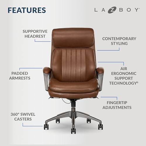La-Z-Boy Nova Vegan Leather Modern Executive Ergonomic Design Office Chair, Memory Foam Thick Contoured Seat Back with Patented Lumbar Support Technology, Soft to Medium Sit Comfort, Black
