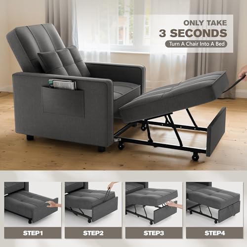 JUMMICO Sleeper Chair, 3-in-1 Convertible Sleeper Sofa Bed for Adults, Linen Fabric Pull Out Chair Bed with Adjustable Backrest, for Living Room, Apartment, Office, Small Space (Beige)