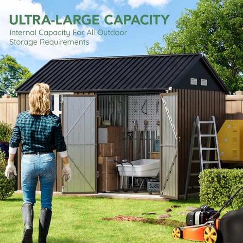 10X12X7.5 FT Outdoor Steel Storage Shed with Lockable Doors, 2 Windows, Transparent Roof Panels (Wood Panels & Frame Floor Not Included), Ideal for Patio Storage,Garbage Can, Chicken Coop，Brown