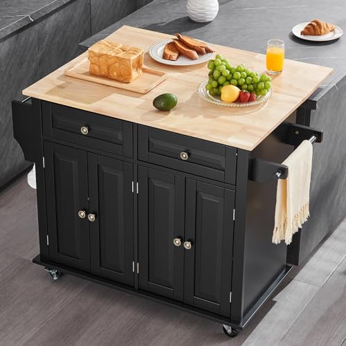 VEVOR Kitchen Island Cart with Solid Wood Top, 35.4" Width Mobile Carts with Storage Cabinet, Rolling Kitchen Table with Spice Rack, Towel Rack, and Drawer, Portable Islands on Wheels, White