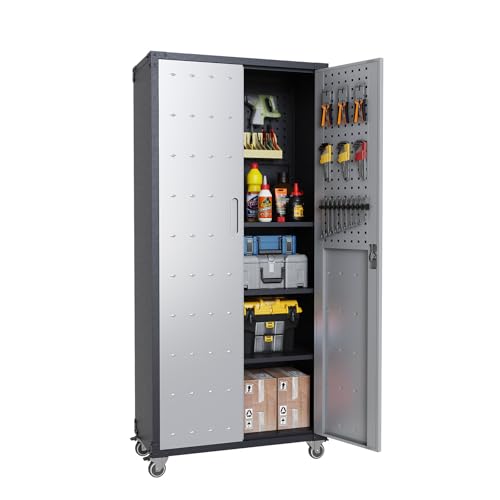 Garage Storage Cabinet Wall Cabinet with 2 Doors,Lockable Tool Cabinets Wall Mounted with Adjustale Shelves,Heavy Duty Steel Hanging Cabinets for Warehouse Kitchen Laundry,Assembly Required