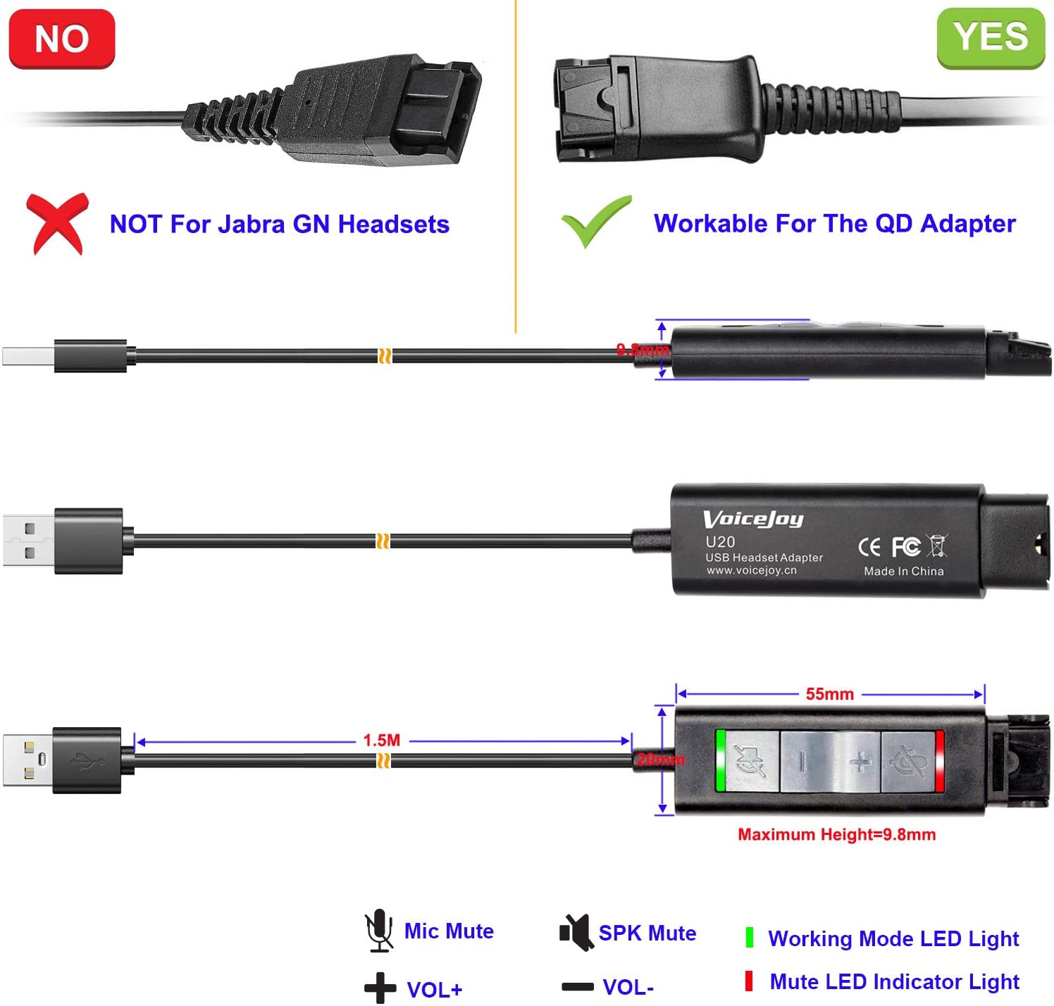 VoiceJoy Call Center Headset Quick Disconnect QD Cable to USB Plug Adapter for Plantronics QD Connector to Any Computer Laptop Pack of 2