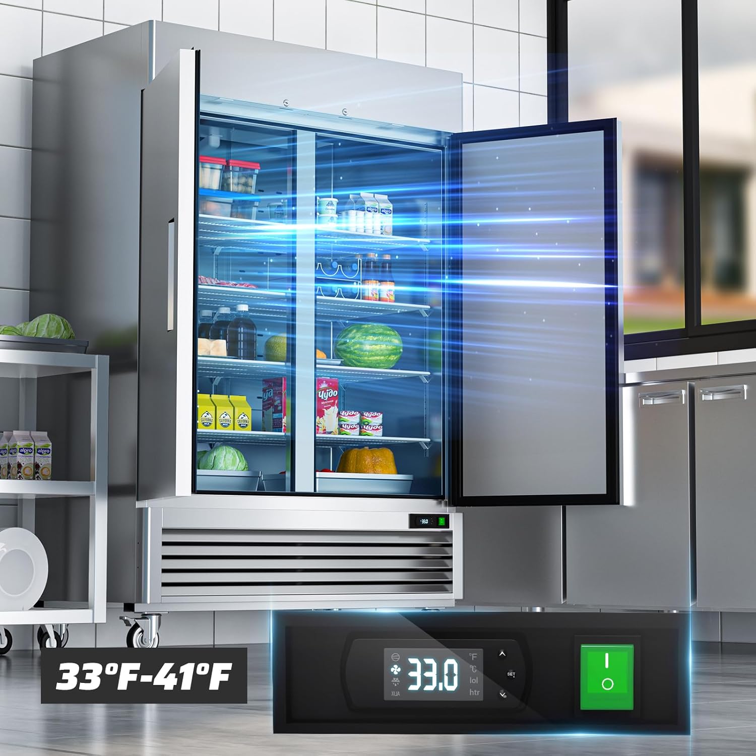 54" Commercial Refrigerators 2 Door Stainless Steel Reach in Refrigerator, 49 Cu.Ft Air Cooler Bottom Mount Fridge with 8 Shelves for Restaurant Kitchen Cafe Garage, ETL NSF Approved