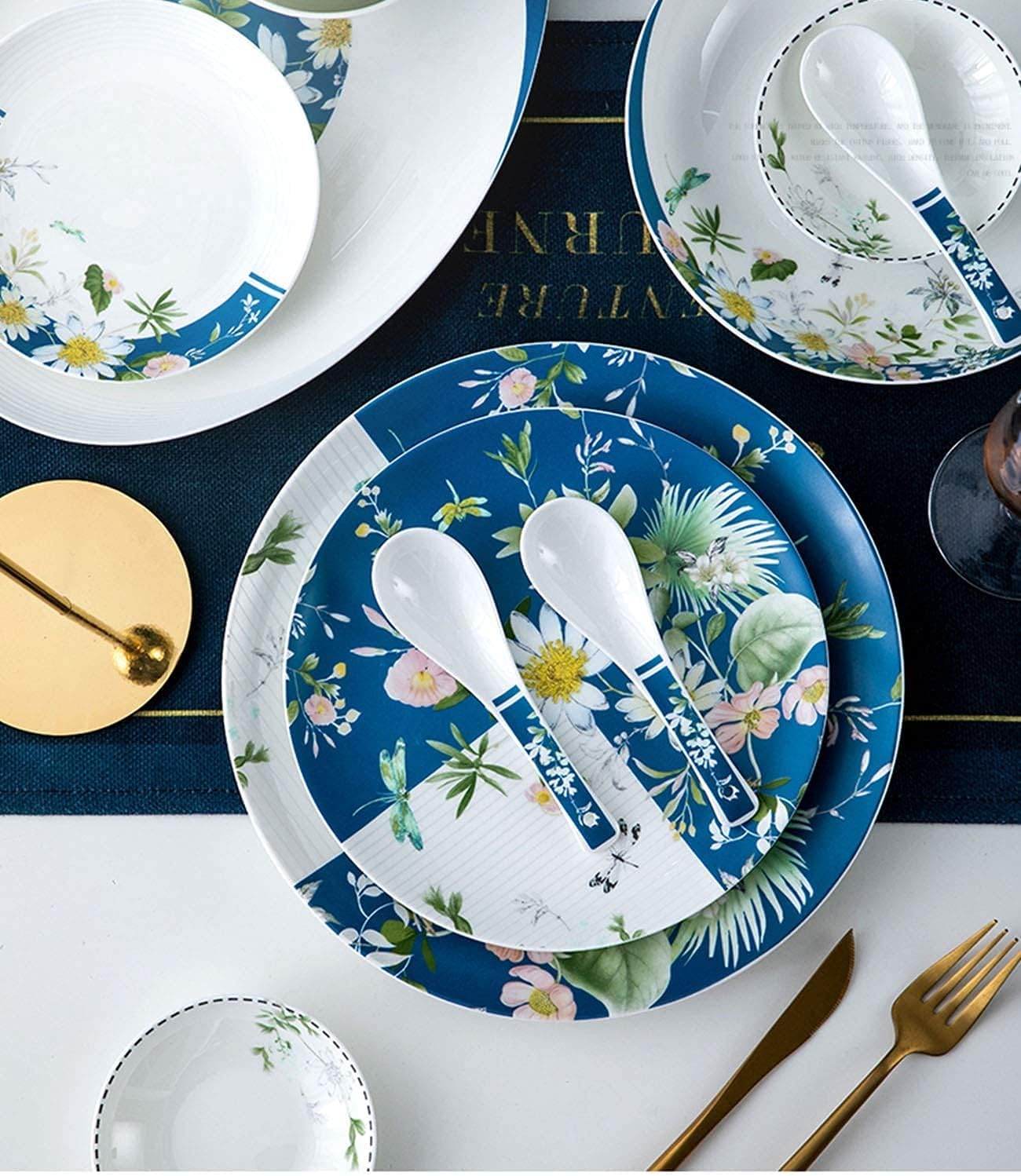 Dinnerware Sets - Luxury Gift Dishes Service Set, 56-Piece Luxury Dinnerware Service for 10 Set Ceramic Bone China Tableware Set Bowl and Plate Mugs Spoon Household Gift