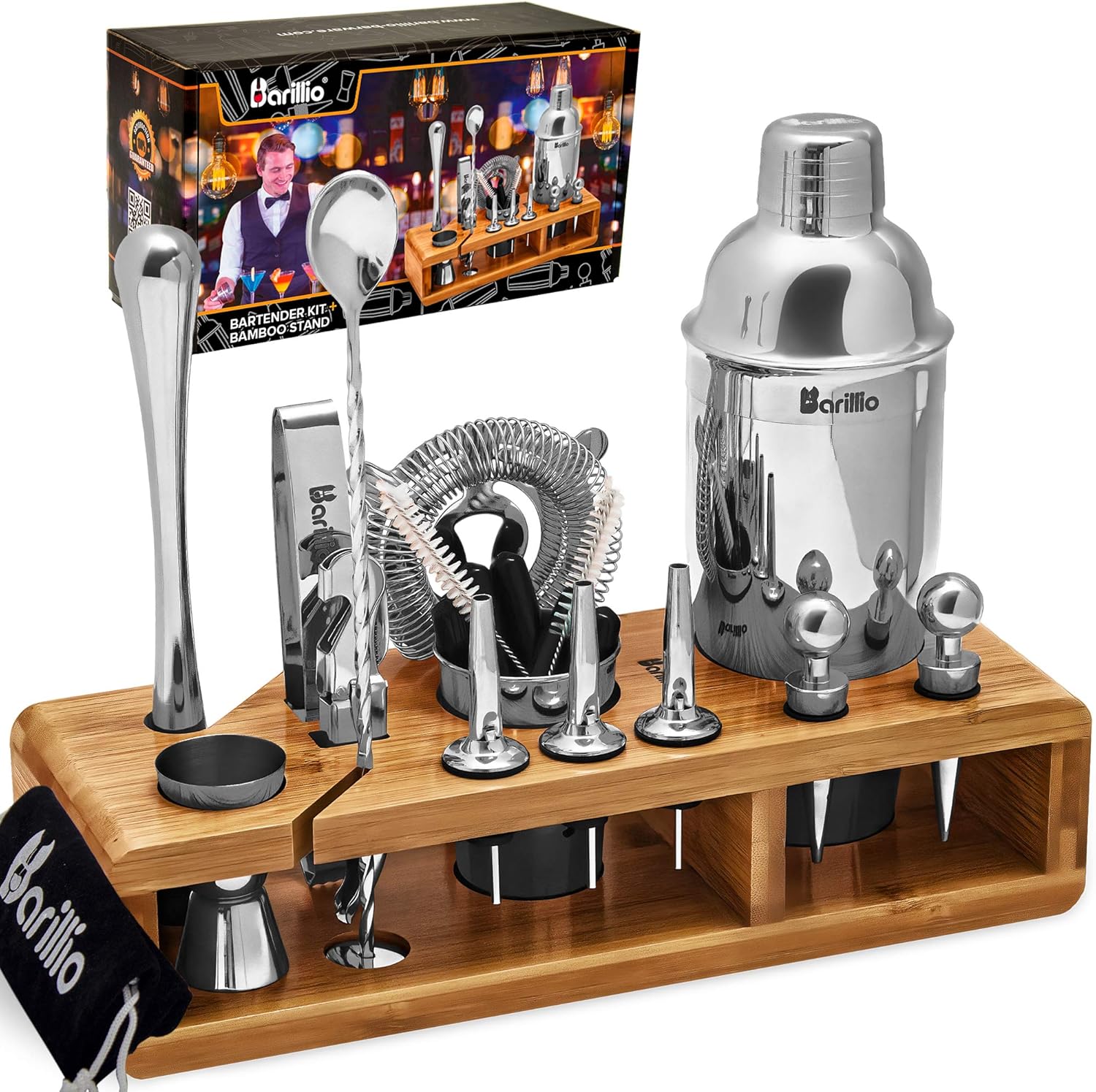 Black 23-Piece Bartender Kit Cocktail Shaker Set by BARILLIO: Stainless Steel Bar Tools With Sleek Bamboo Stand, Velvet Carry Bag & Recipes Booklet | Ultimate Drink Mixing Adventure