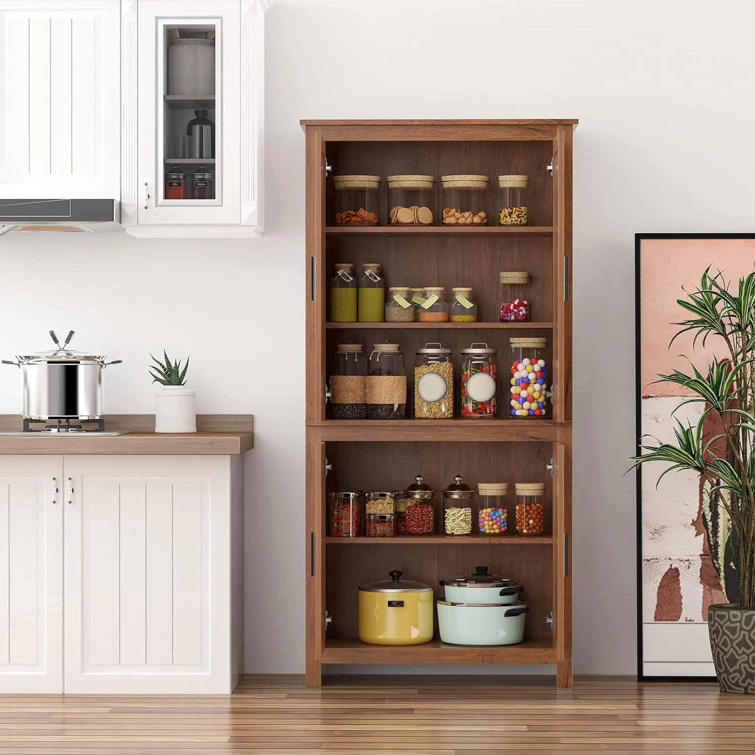 64" 4-Door Kitchen Pantry, Freestanding Storage Cabinet with 3 Adjustable Shelves for Kitchen, Dining or Living Room, Oak