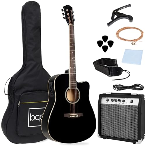 Best Choice Products Beginner Acoustic Electric Guitar Starter Set w/ 41in, All Wood Cutaway Design, Case, Strap, Picks - Natural