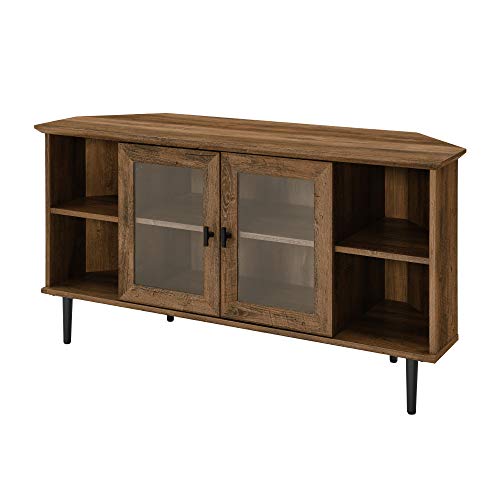 Walker Edison Modern Wood Corner Universal TV Stand with Open Shelves Glass Cabinet Doors Storage for TV's up to 55" Flat Screen Living Room Storage Entertainment Center, 48 Inch, Rustic Oak