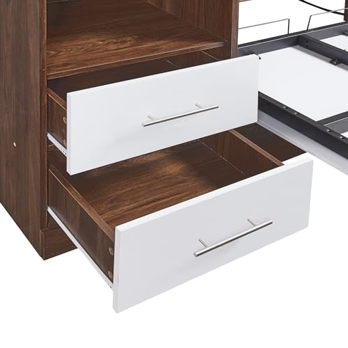 Queen Size Murphy Bed with Built-in Dual Power/USB Port and Removable Shelves, Space-Saving Design Murphy Wall Bed Cube Cabinet with Desks for Home Office, Easy Assemble,White