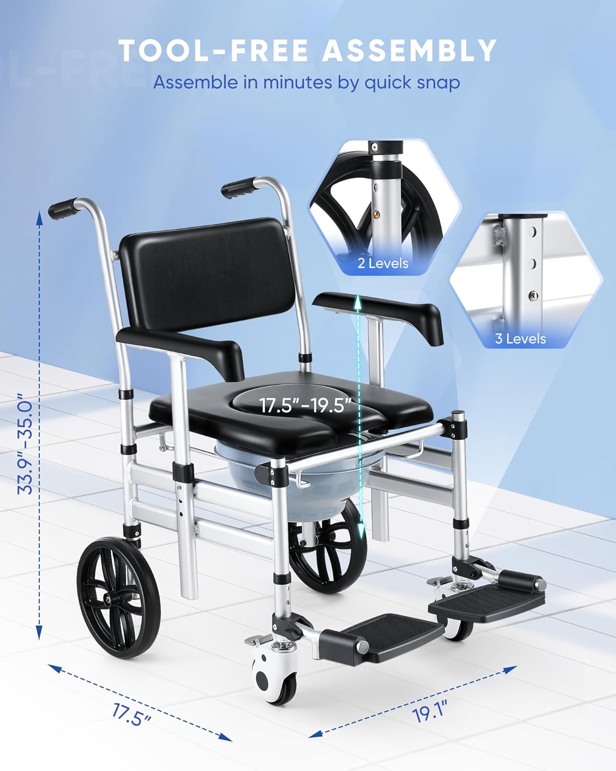 Foldable Shower Chair with Wheels, Hybodies 3 in 1 Multifunctional Aluminum Shower Wheel, Transport Chair, Commode, Rolling Bath Chair for Handicap & Elderly